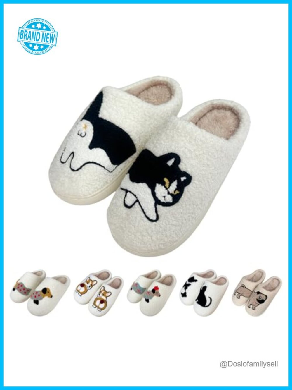 Womens Faux Fur Cat Dog Animal Slippers Slip-On Cozy Plush